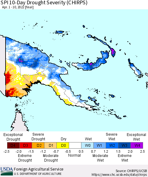 Papua New Guinea SPI 10-Day Drought Severity (CHIRPS) Thematic Map For 4/1/2022 - 4/10/2022
