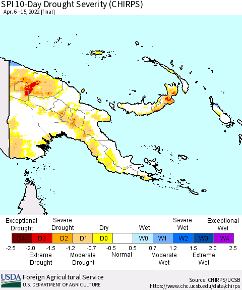 Papua New Guinea SPI 10-Day Drought Severity (CHIRPS) Thematic Map For 4/6/2022 - 4/15/2022
