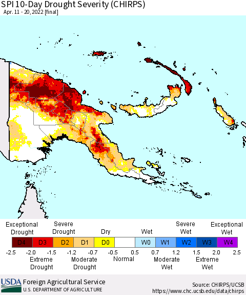 Papua New Guinea SPI 10-Day Drought Severity (CHIRPS) Thematic Map For 4/11/2022 - 4/20/2022