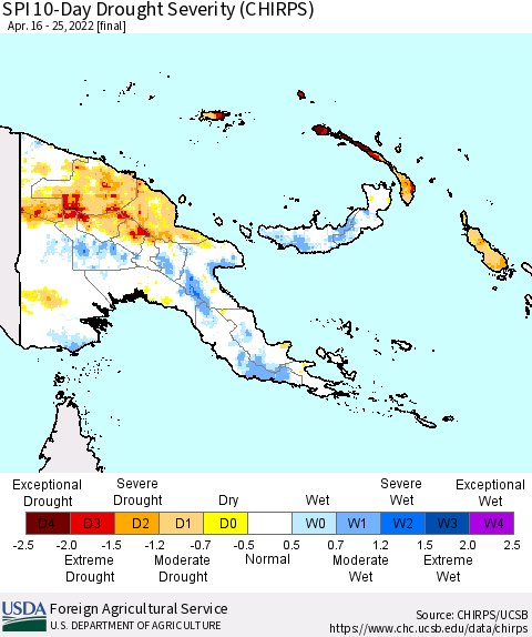 Papua New Guinea SPI 10-Day Drought Severity (CHIRPS) Thematic Map For 4/16/2022 - 4/25/2022