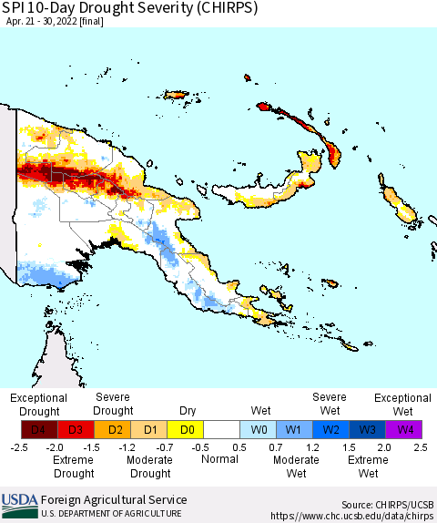 Papua New Guinea SPI 10-Day Drought Severity (CHIRPS) Thematic Map For 4/21/2022 - 4/30/2022