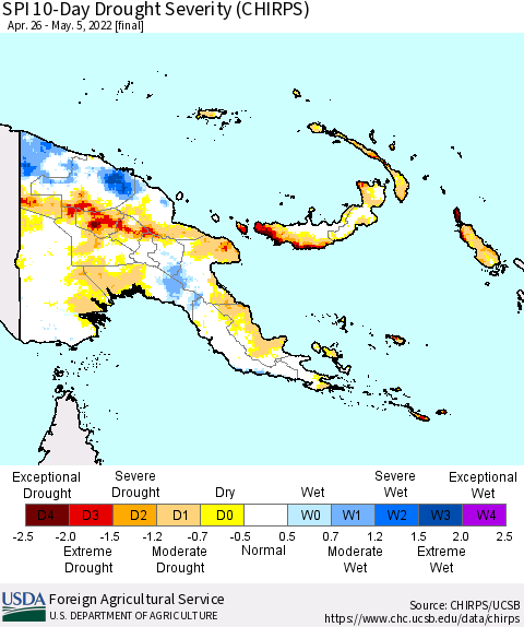 Papua New Guinea SPI 10-Day Drought Severity (CHIRPS) Thematic Map For 4/26/2022 - 5/5/2022