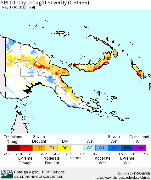 Papua New Guinea SPI 10-Day Drought Severity (CHIRPS) Thematic Map For 5/1/2022 - 5/10/2022