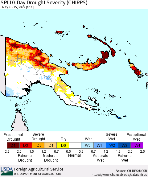 Papua New Guinea SPI 10-Day Drought Severity (CHIRPS) Thematic Map For 5/6/2022 - 5/15/2022