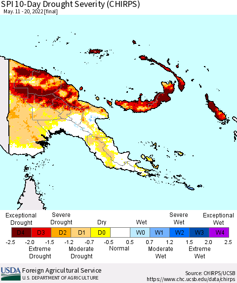 Papua New Guinea SPI 10-Day Drought Severity (CHIRPS) Thematic Map For 5/11/2022 - 5/20/2022
