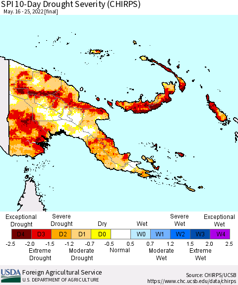 Papua New Guinea SPI 10-Day Drought Severity (CHIRPS) Thematic Map For 5/16/2022 - 5/25/2022