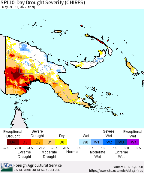 Papua New Guinea SPI 10-Day Drought Severity (CHIRPS) Thematic Map For 5/21/2022 - 5/31/2022