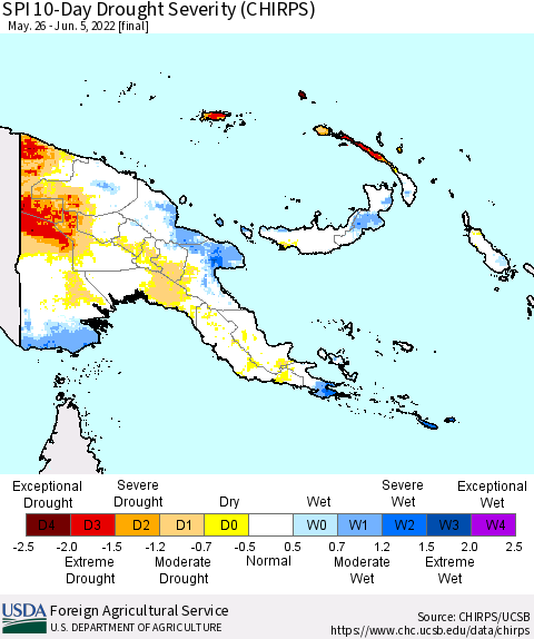 Papua New Guinea SPI 10-Day Drought Severity (CHIRPS) Thematic Map For 5/26/2022 - 6/5/2022