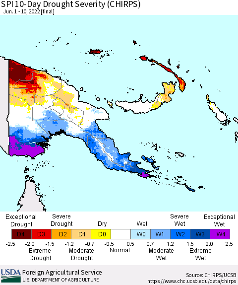 Papua New Guinea SPI 10-Day Drought Severity (CHIRPS) Thematic Map For 6/1/2022 - 6/10/2022
