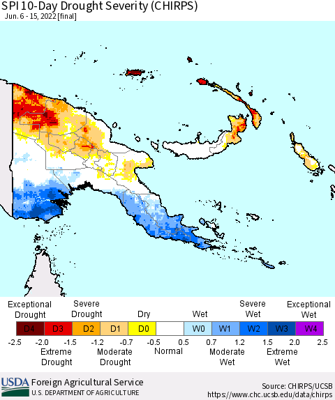 Papua New Guinea SPI 10-Day Drought Severity (CHIRPS) Thematic Map For 6/6/2022 - 6/15/2022