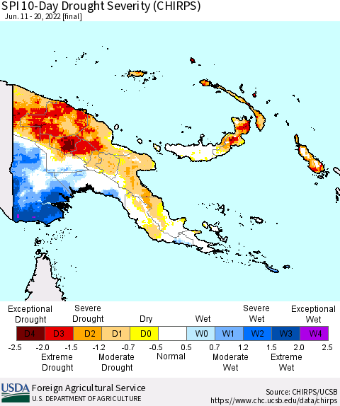 Papua New Guinea SPI 10-Day Drought Severity (CHIRPS) Thematic Map For 6/11/2022 - 6/20/2022