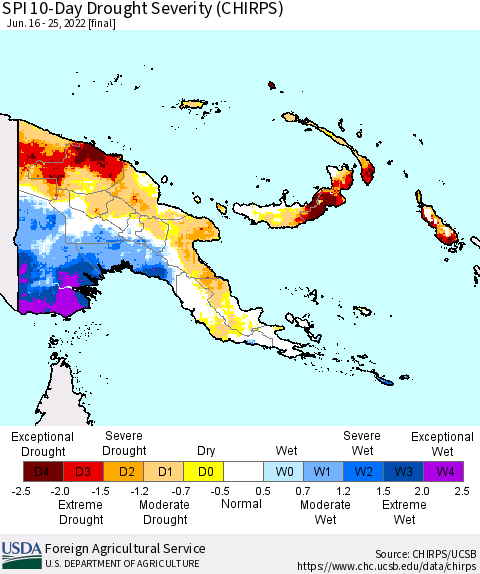 Papua New Guinea SPI 10-Day Drought Severity (CHIRPS) Thematic Map For 6/16/2022 - 6/25/2022