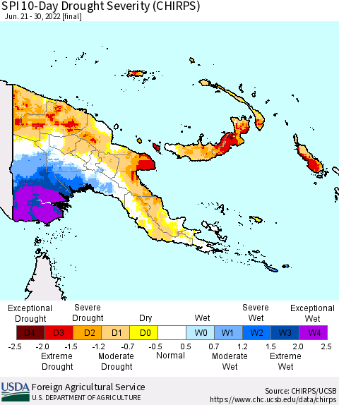 Papua New Guinea SPI 10-Day Drought Severity (CHIRPS) Thematic Map For 6/21/2022 - 6/30/2022