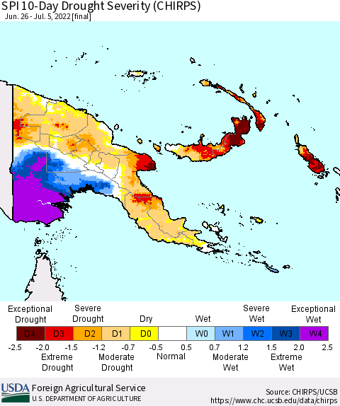 Papua New Guinea SPI 10-Day Drought Severity (CHIRPS) Thematic Map For 6/26/2022 - 7/5/2022