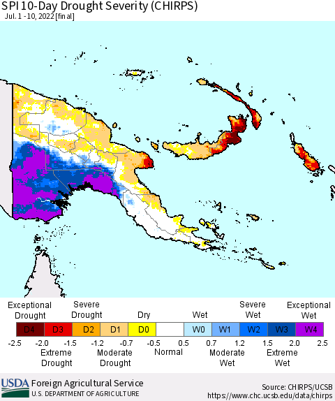 Papua New Guinea SPI 10-Day Drought Severity (CHIRPS) Thematic Map For 7/1/2022 - 7/10/2022