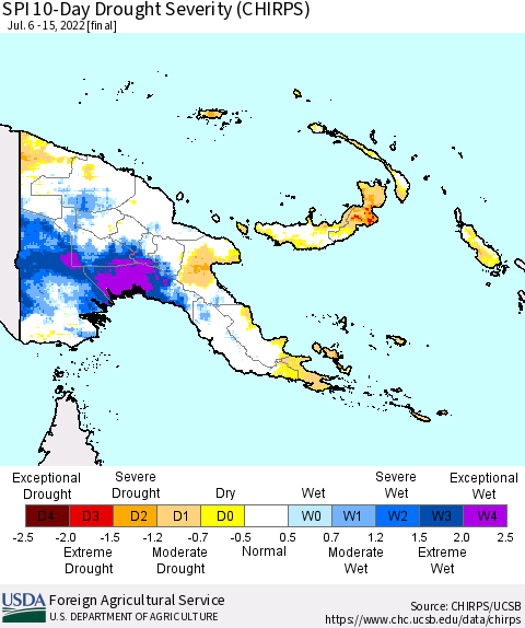 Papua New Guinea SPI 10-Day Drought Severity (CHIRPS) Thematic Map For 7/6/2022 - 7/15/2022