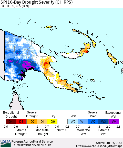 Papua New Guinea SPI 10-Day Drought Severity (CHIRPS) Thematic Map For 7/11/2022 - 7/20/2022