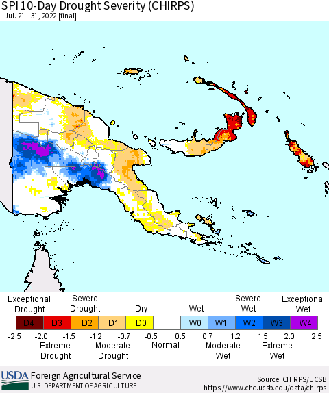 Papua New Guinea SPI 10-Day Drought Severity (CHIRPS) Thematic Map For 7/21/2022 - 7/31/2022