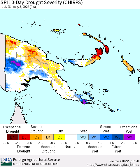 Papua New Guinea SPI 10-Day Drought Severity (CHIRPS) Thematic Map For 7/26/2022 - 8/5/2022