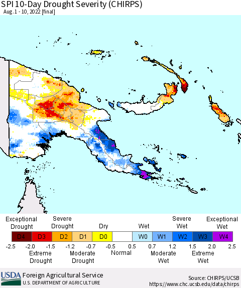 Papua New Guinea SPI 10-Day Drought Severity (CHIRPS) Thematic Map For 8/1/2022 - 8/10/2022