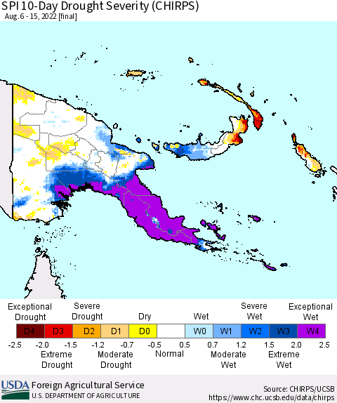 Papua New Guinea SPI 10-Day Drought Severity (CHIRPS) Thematic Map For 8/6/2022 - 8/15/2022
