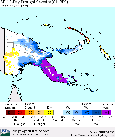 Papua New Guinea SPI 10-Day Drought Severity (CHIRPS) Thematic Map For 8/11/2022 - 8/20/2022