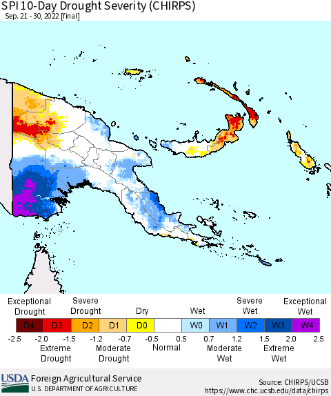 Papua New Guinea SPI 10-Day Drought Severity (CHIRPS) Thematic Map For 9/21/2022 - 9/30/2022