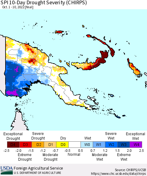 Papua New Guinea SPI 10-Day Drought Severity (CHIRPS) Thematic Map For 10/1/2022 - 10/10/2022