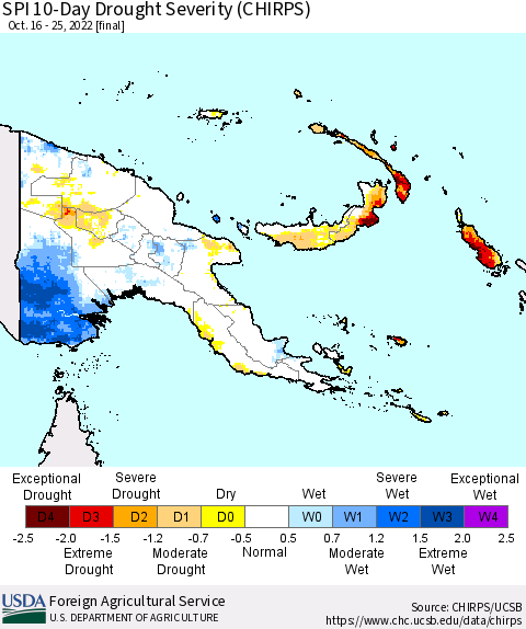 Papua New Guinea SPI 10-Day Drought Severity (CHIRPS) Thematic Map For 10/16/2022 - 10/25/2022