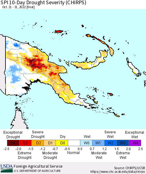 Papua New Guinea SPI 10-Day Drought Severity (CHIRPS) Thematic Map For 10/21/2022 - 10/31/2022