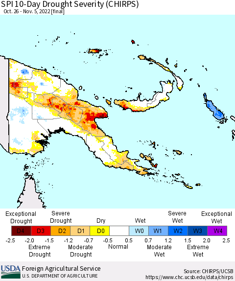 Papua New Guinea SPI 10-Day Drought Severity (CHIRPS) Thematic Map For 10/26/2022 - 11/5/2022