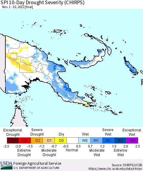 Papua New Guinea SPI 10-Day Drought Severity (CHIRPS) Thematic Map For 11/1/2022 - 11/10/2022