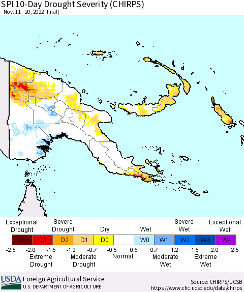 Papua New Guinea SPI 10-Day Drought Severity (CHIRPS) Thematic Map For 11/11/2022 - 11/20/2022