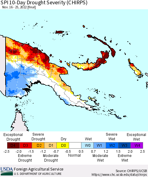 Papua New Guinea SPI 10-Day Drought Severity (CHIRPS) Thematic Map For 11/16/2022 - 11/25/2022
