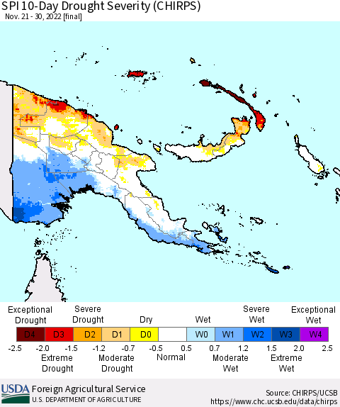 Papua New Guinea SPI 10-Day Drought Severity (CHIRPS) Thematic Map For 11/21/2022 - 11/30/2022