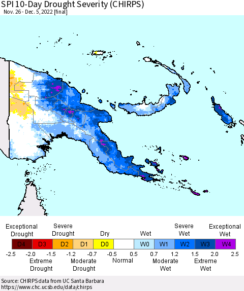 Papua New Guinea SPI 10-Day Drought Severity (CHIRPS) Thematic Map For 11/26/2022 - 12/5/2022