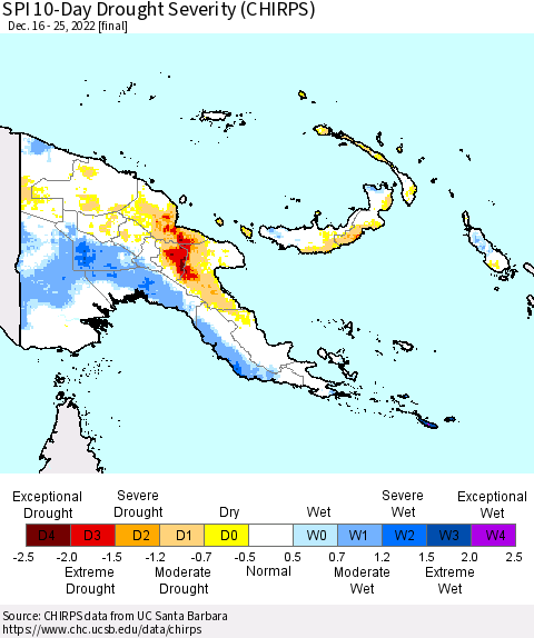 Papua New Guinea SPI 10-Day Drought Severity (CHIRPS) Thematic Map For 12/16/2022 - 12/25/2022