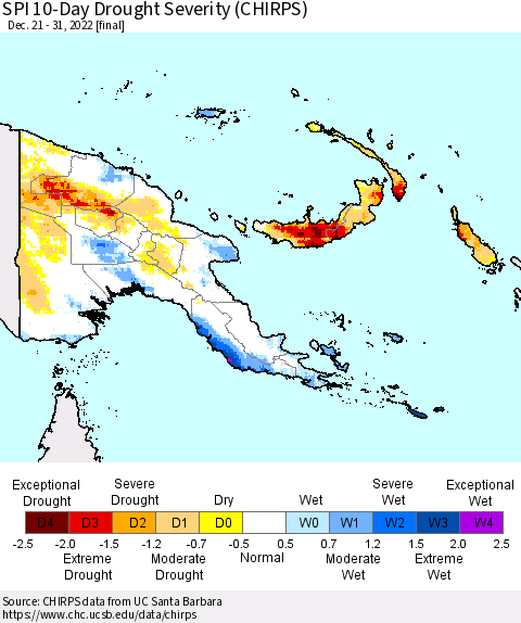 Papua New Guinea SPI 10-Day Drought Severity (CHIRPS) Thematic Map For 12/21/2022 - 12/31/2022