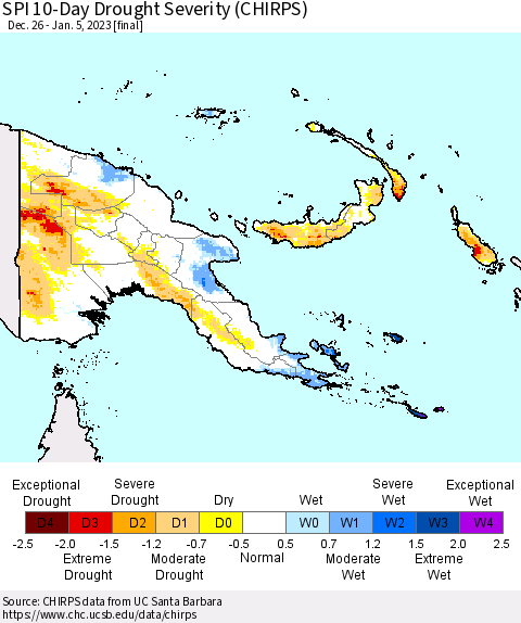 Papua New Guinea SPI 10-Day Drought Severity (CHIRPS) Thematic Map For 12/26/2022 - 1/5/2023