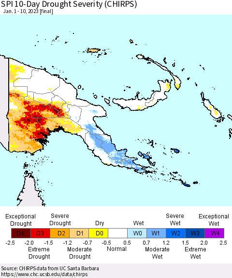 Papua New Guinea SPI 10-Day Drought Severity (CHIRPS) Thematic Map For 1/1/2023 - 1/10/2023