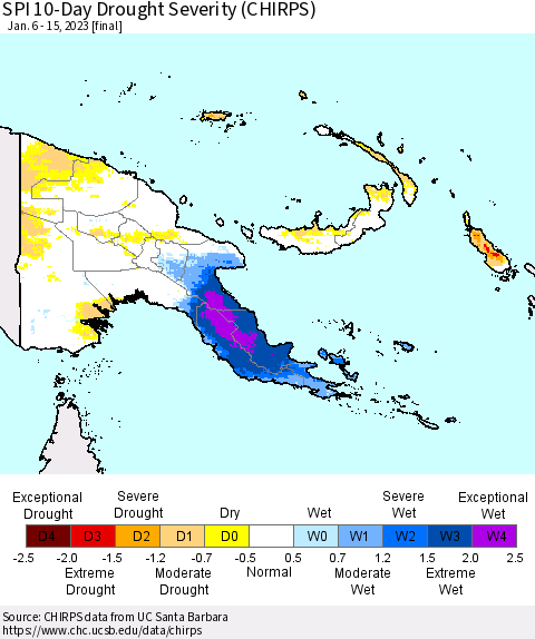 Papua New Guinea SPI 10-Day Drought Severity (CHIRPS) Thematic Map For 1/6/2023 - 1/15/2023