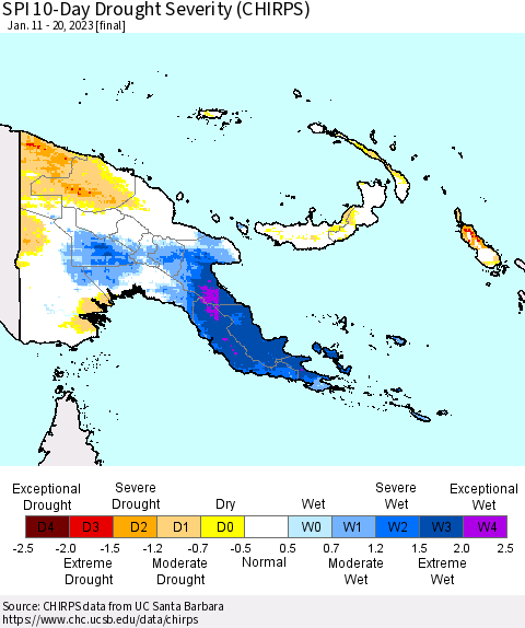 Papua New Guinea SPI 10-Day Drought Severity (CHIRPS) Thematic Map For 1/11/2023 - 1/20/2023