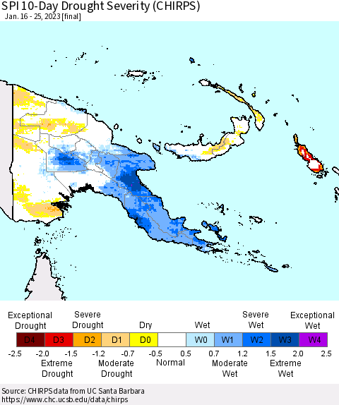 Papua New Guinea SPI 10-Day Drought Severity (CHIRPS) Thematic Map For 1/16/2023 - 1/25/2023