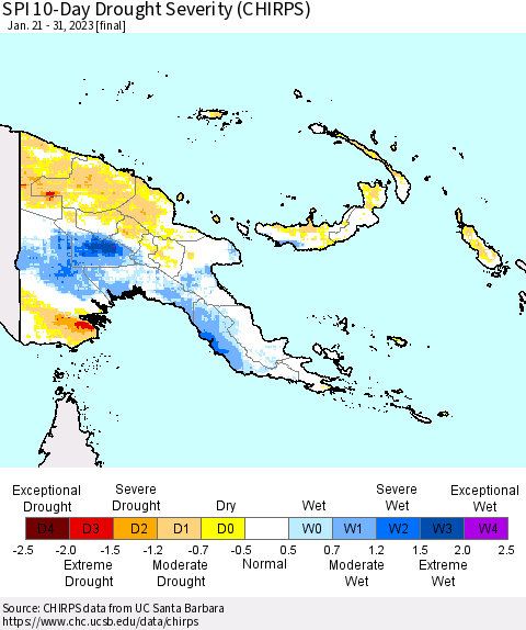 Papua New Guinea SPI 10-Day Drought Severity (CHIRPS) Thematic Map For 1/21/2023 - 1/31/2023