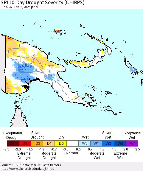 Papua New Guinea SPI 10-Day Drought Severity (CHIRPS) Thematic Map For 1/26/2023 - 2/5/2023
