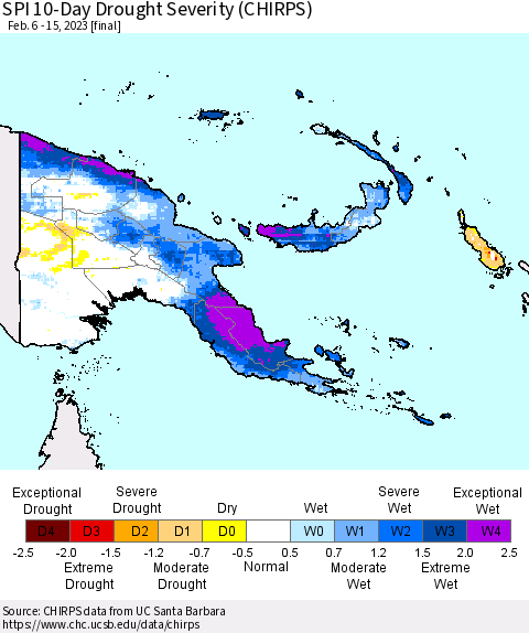 Papua New Guinea SPI 10-Day Drought Severity (CHIRPS) Thematic Map For 2/6/2023 - 2/15/2023
