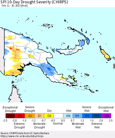 Papua New Guinea SPI 10-Day Drought Severity (CHIRPS) Thematic Map For 2/11/2023 - 2/20/2023
