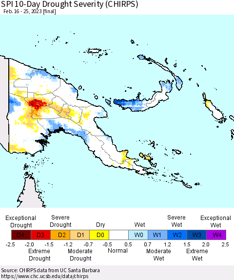 Papua New Guinea SPI 10-Day Drought Severity (CHIRPS) Thematic Map For 2/16/2023 - 2/25/2023