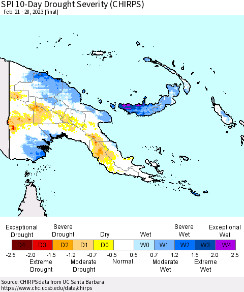 Papua New Guinea SPI 10-Day Drought Severity (CHIRPS) Thematic Map For 2/21/2023 - 2/28/2023