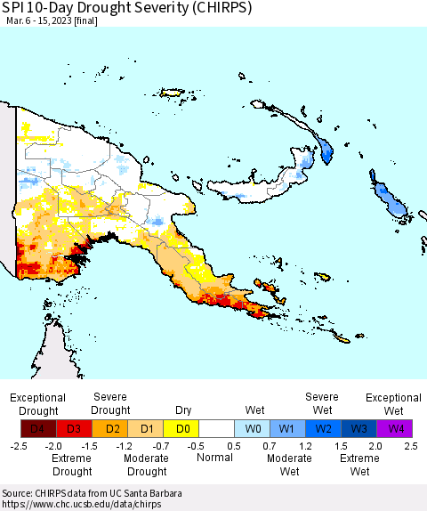 Papua New Guinea SPI 10-Day Drought Severity (CHIRPS) Thematic Map For 3/6/2023 - 3/15/2023